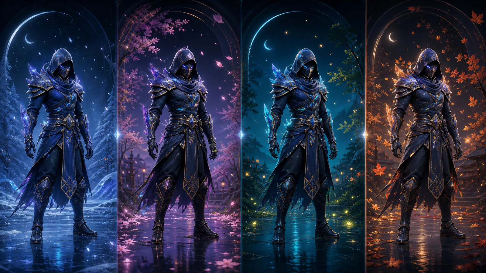 Seasonal cosmetic displayed across changing event posters and neutral inventory light