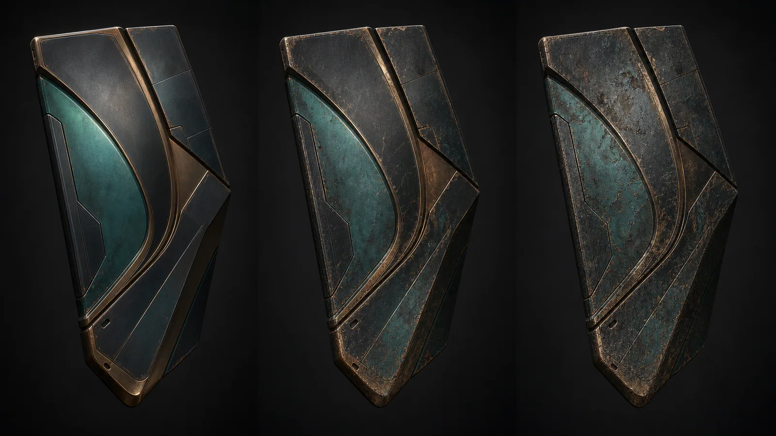 Three wear states of one teal bronze and charcoal cosmetic finish