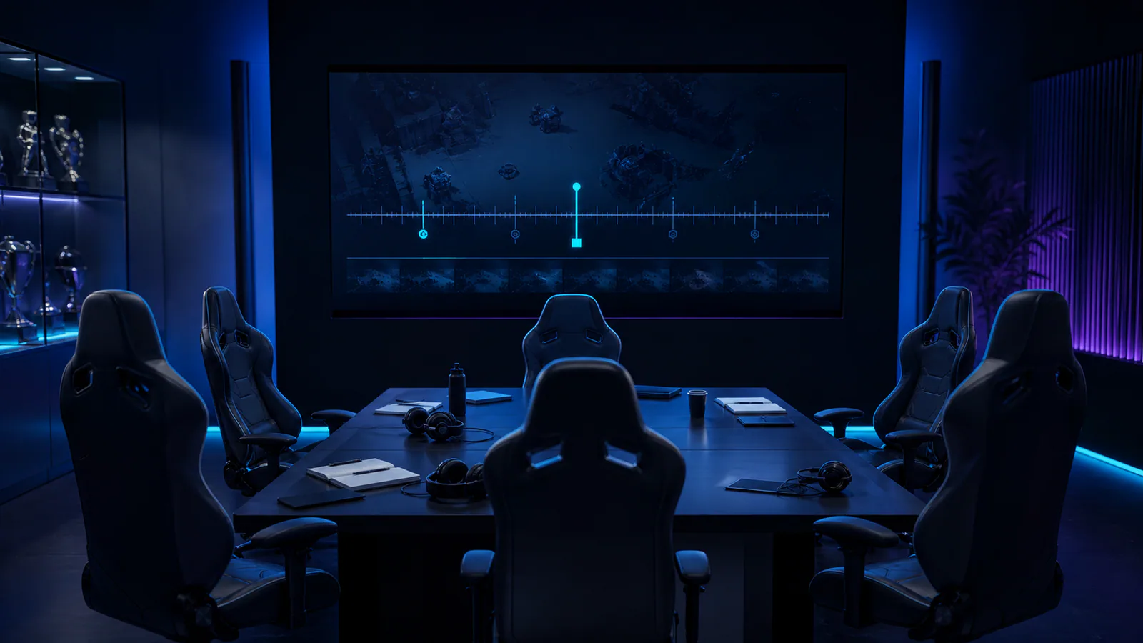 Empty esports review room with a replay timeline on the main screen