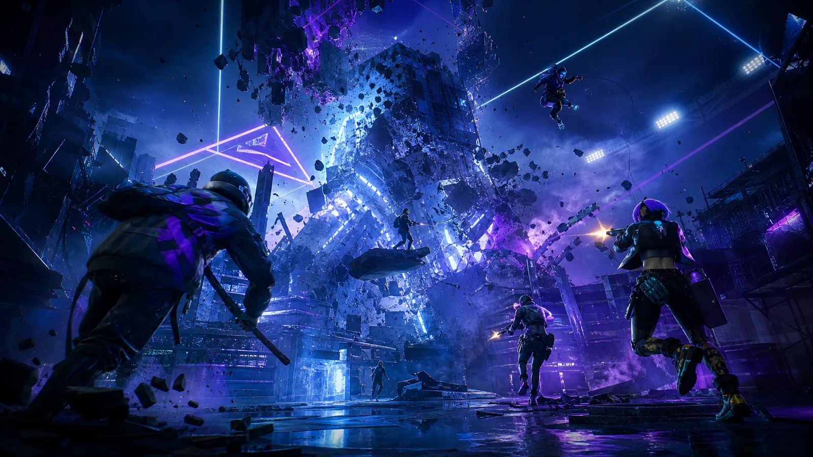 Contestants fighting through a collapsing neon arena around an objective
