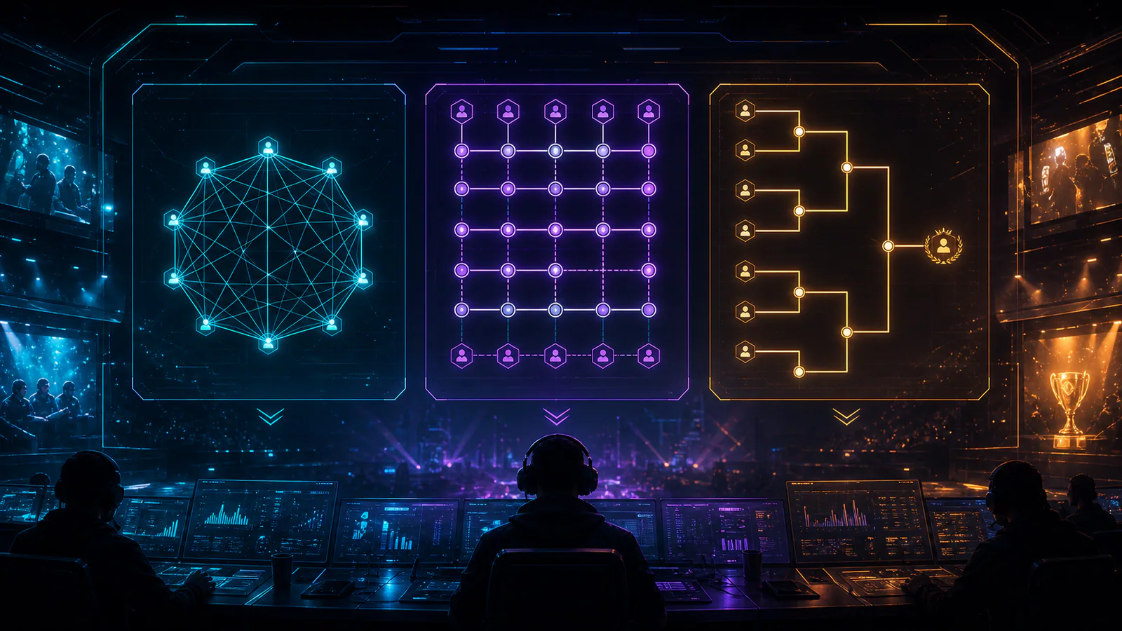 Tournament control room comparing three abstract bracket structures