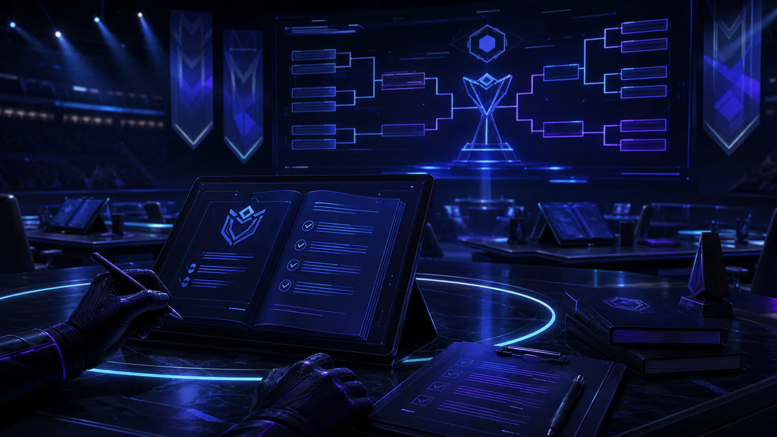 Tournament administrators auditing a digital rulebook beside a live stage