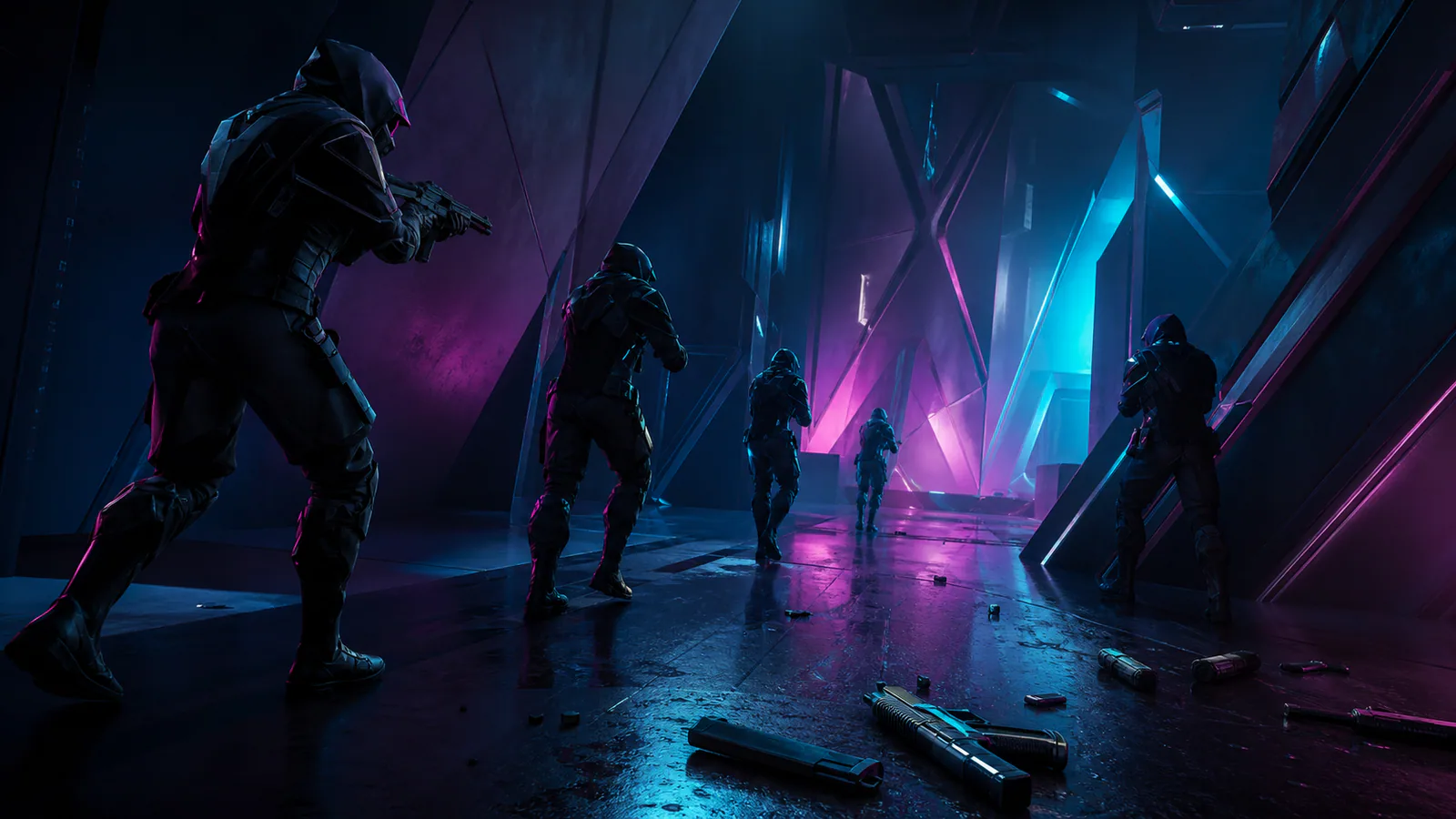 Two tactical players spaced through a neon corridor during an anti-eco round