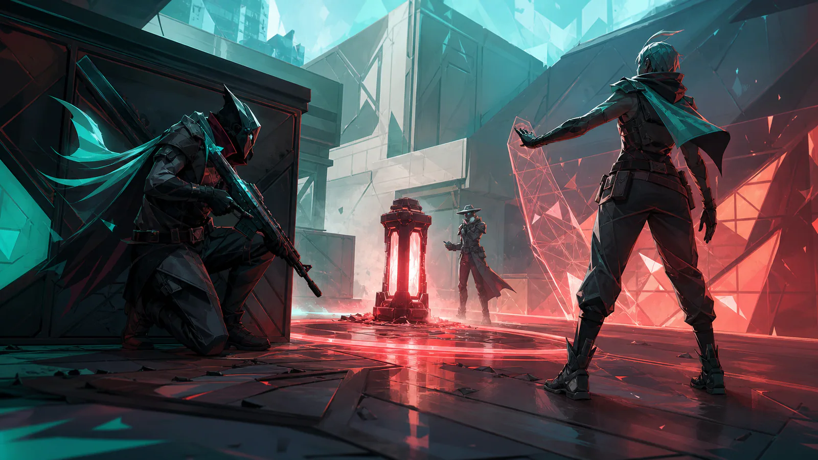 Three tactical agents holding distinct positions around a planted device
