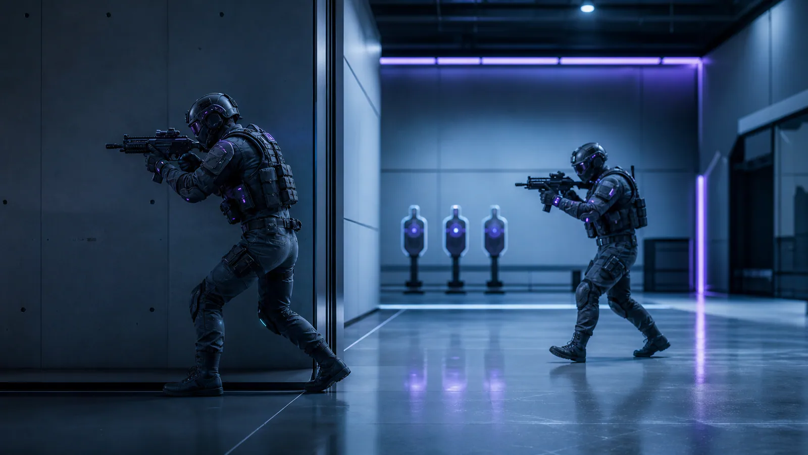 Two tactical FPS teammates clearing a corner at a measured trading distance