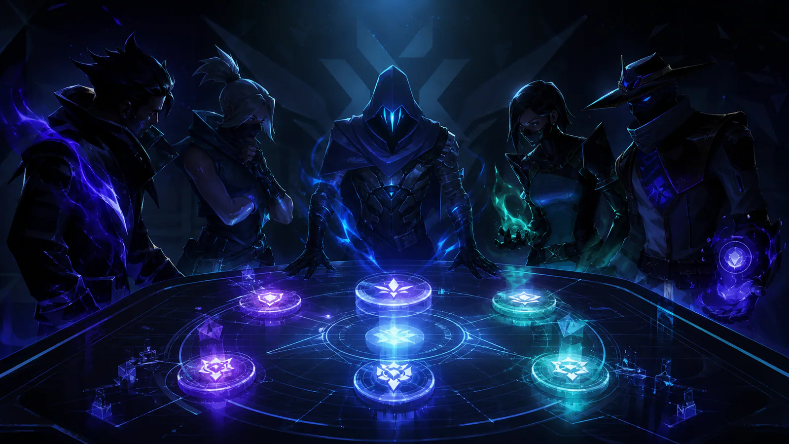 Futuristic tactical squad studying glowing ultimate icons above a map