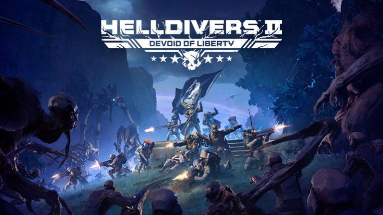 Helldivers facing Illuminate forces in a dark alien landscape