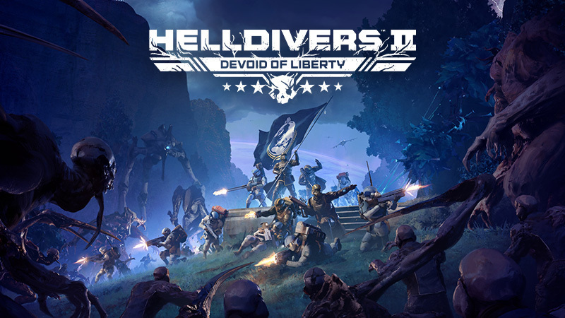 Helldivers facing Illuminate forces in a dark alien landscape