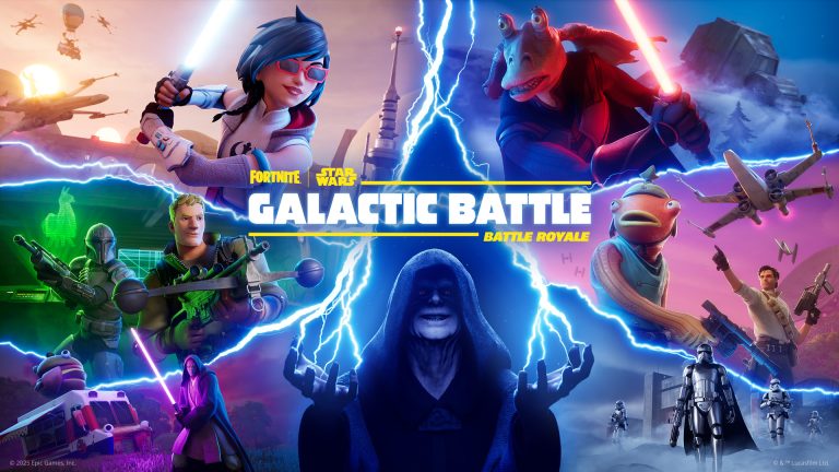 Fortnite characters holding lightsabers beneath Star Wars starfighters