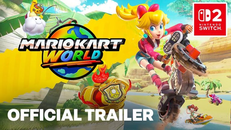Mario and other drivers racing across the open world in Mario Kart World