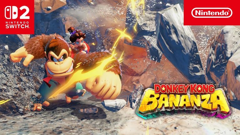 Donkey Kong and Pauline smashing through an underground layer in Bananza