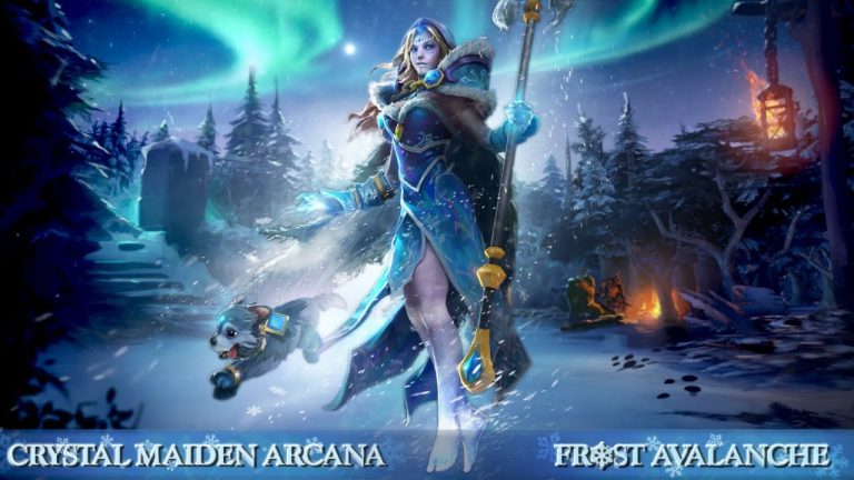 Crystal Maiden accompanied by the Frost Avalanche wolf pup in Dota 2