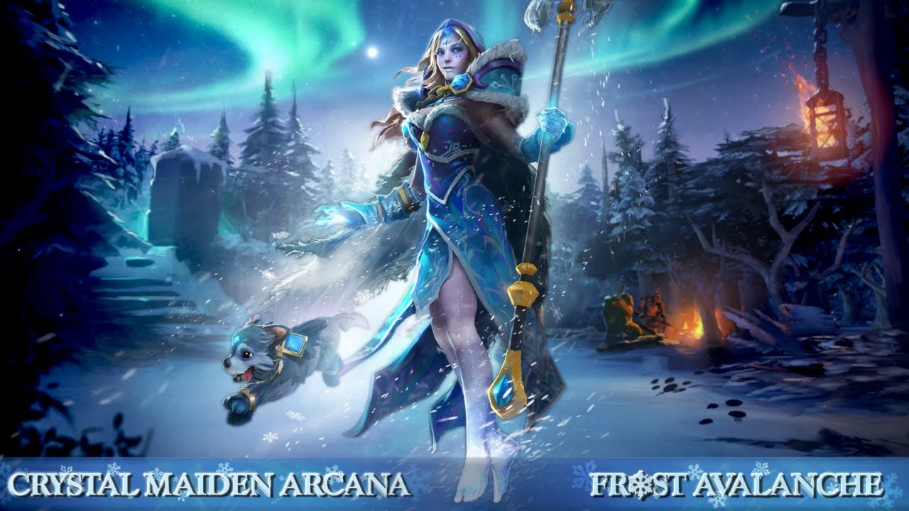 Crystal Maiden accompanied by the Frost Avalanche wolf pup in Dota 2