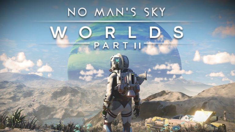 A traveller looking across a new ocean world in No Man’s Sky Worlds Part II