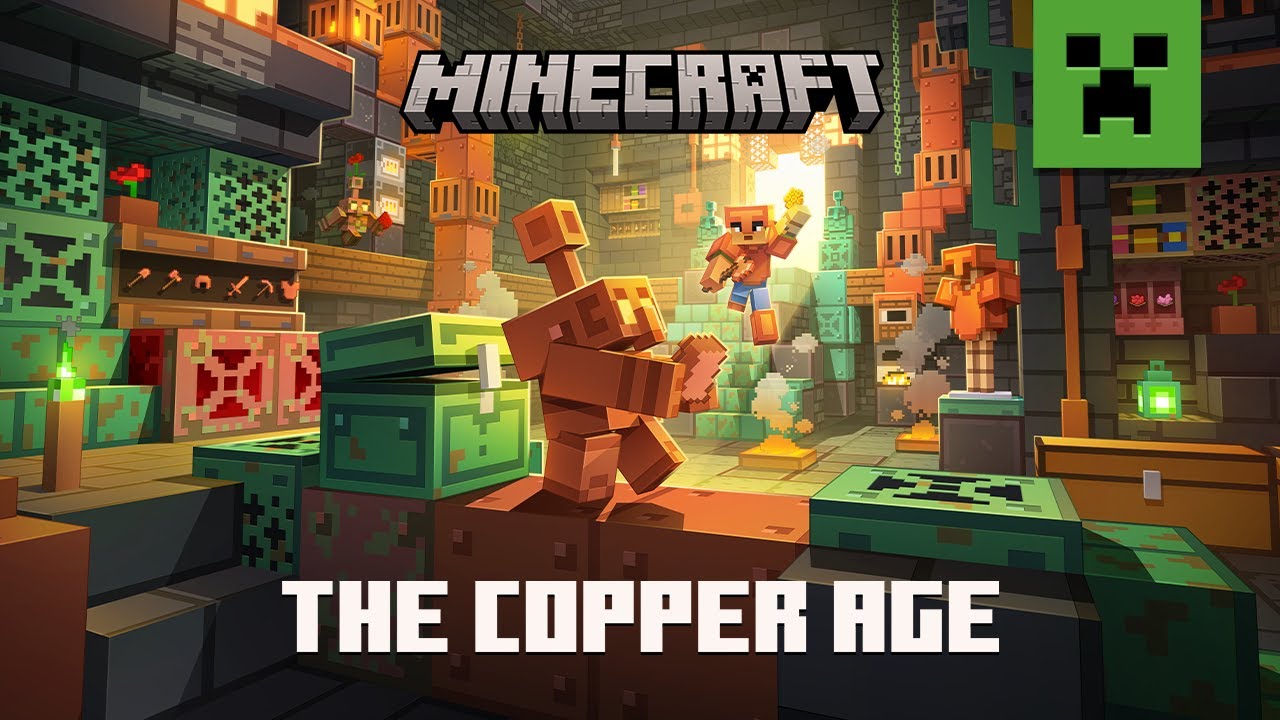 A Copper Golem standing beside copper and regular chests in Minecraft