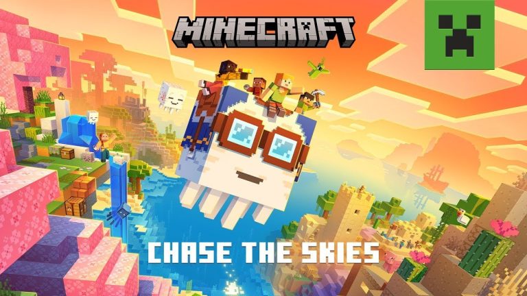 Players flying above the Overworld on a harnessed Happy Ghast