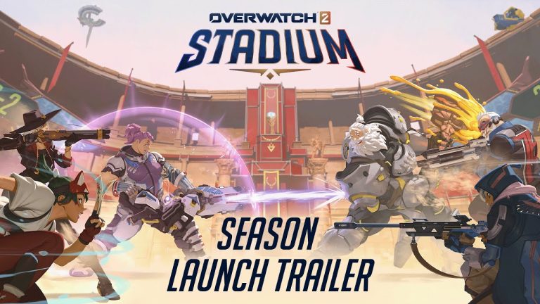 Overwatch heroes preparing for a round in Stadium mode