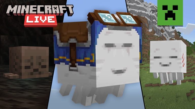 Four Minecraft players riding a harnessed Happy Ghast