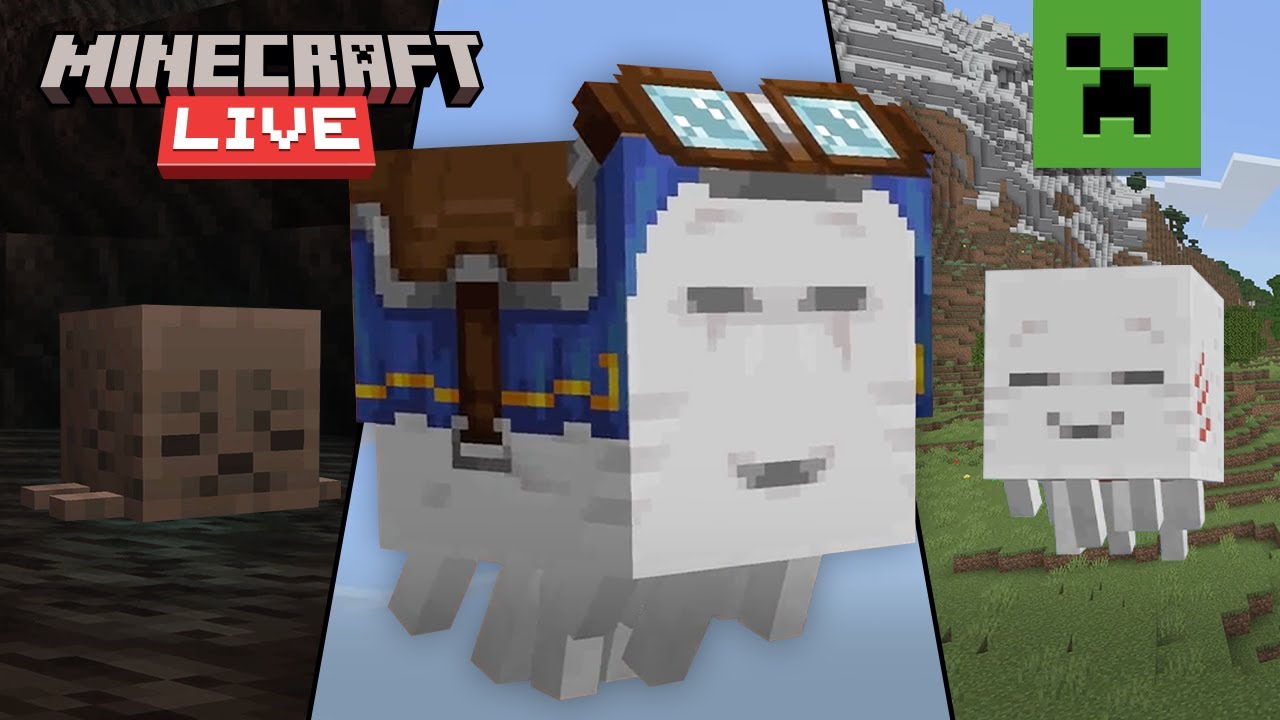 Four Minecraft players riding a harnessed Happy Ghast