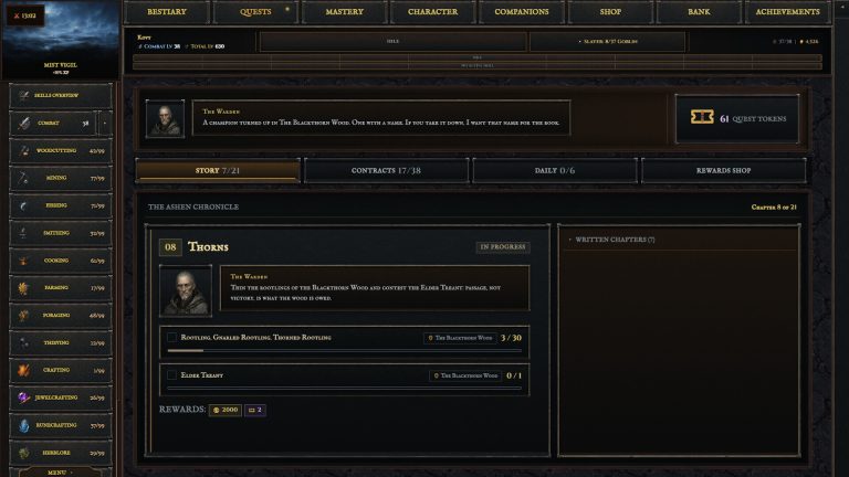 Dark fantasy settlement and character panels in Grim Reach Idle