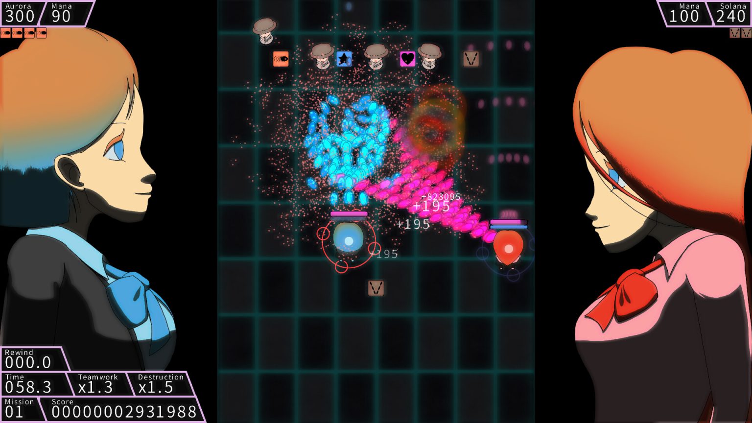 Twin heroines fighting dense projectile patterns in Bullet Spell