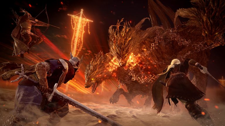 Three Nightfarers battle a towering boss in Elden Ring Nightreign