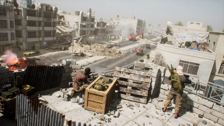 Squad infantry team moving through a dusty combat zone