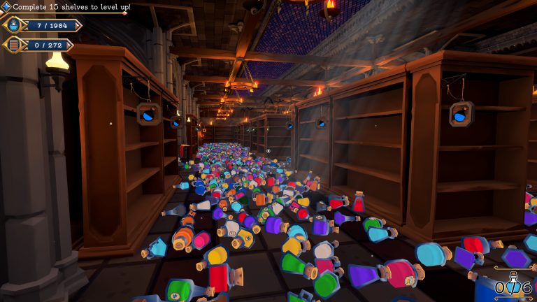Rows of colorful potion bottles in an enchanted cellar