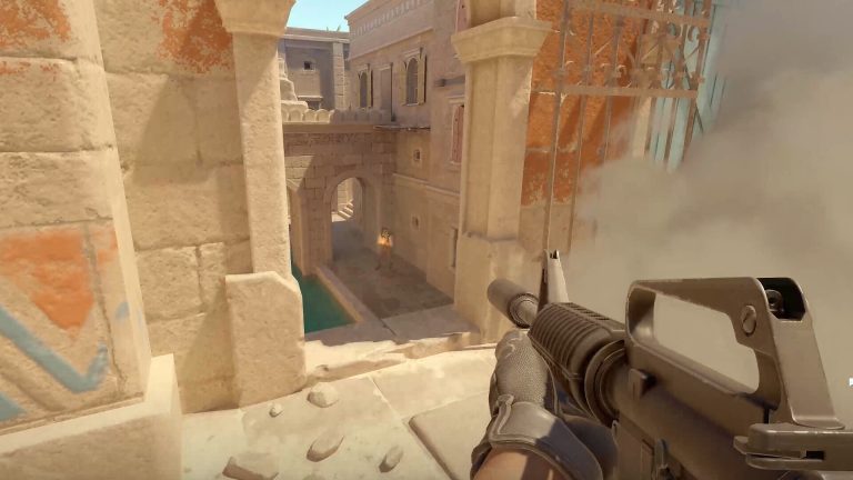 Counter-Strike 2 players exchanging utility on a competitive map