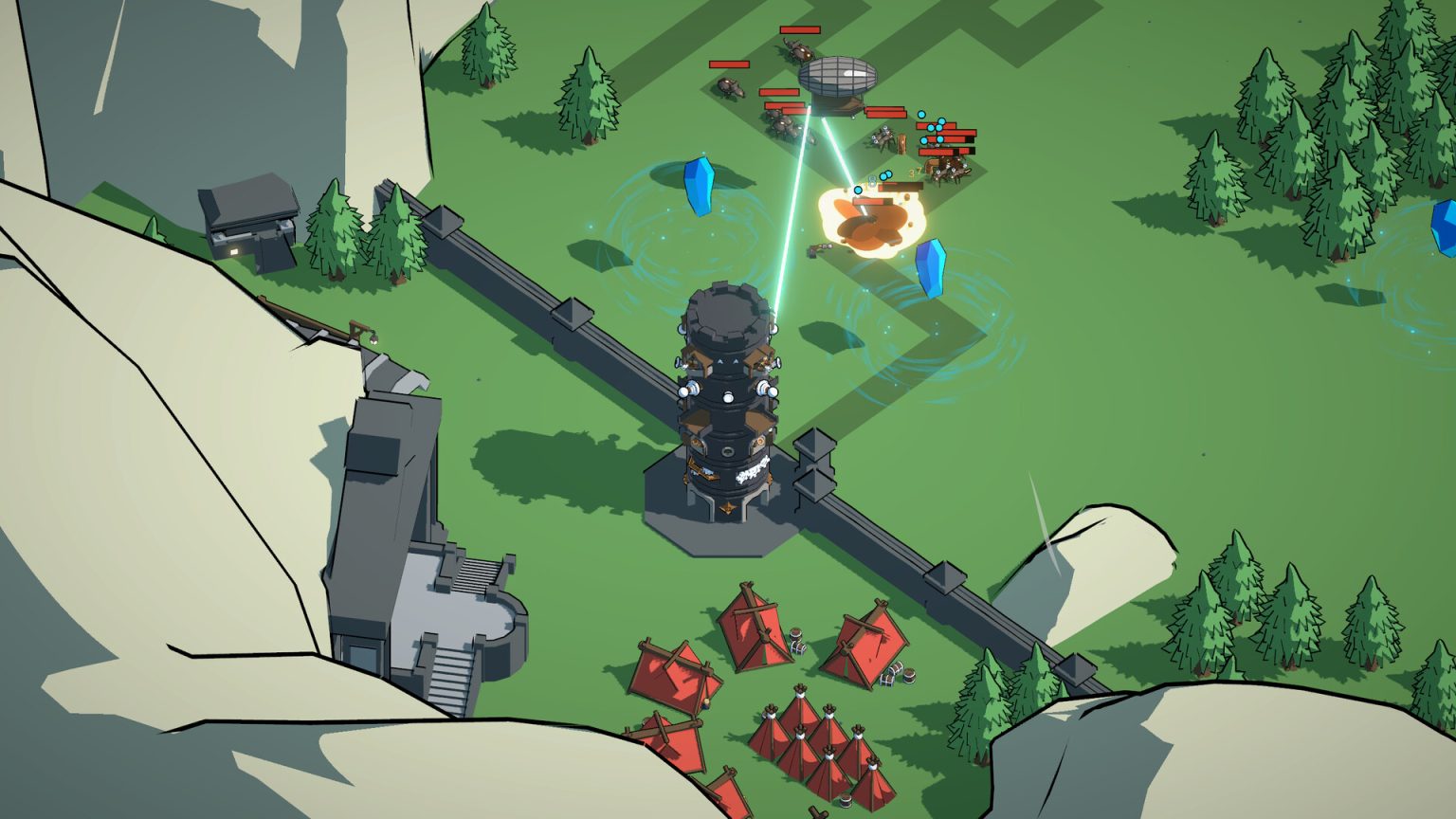 Dwarven tower firing at mechanical insects across branching paths in Robugs