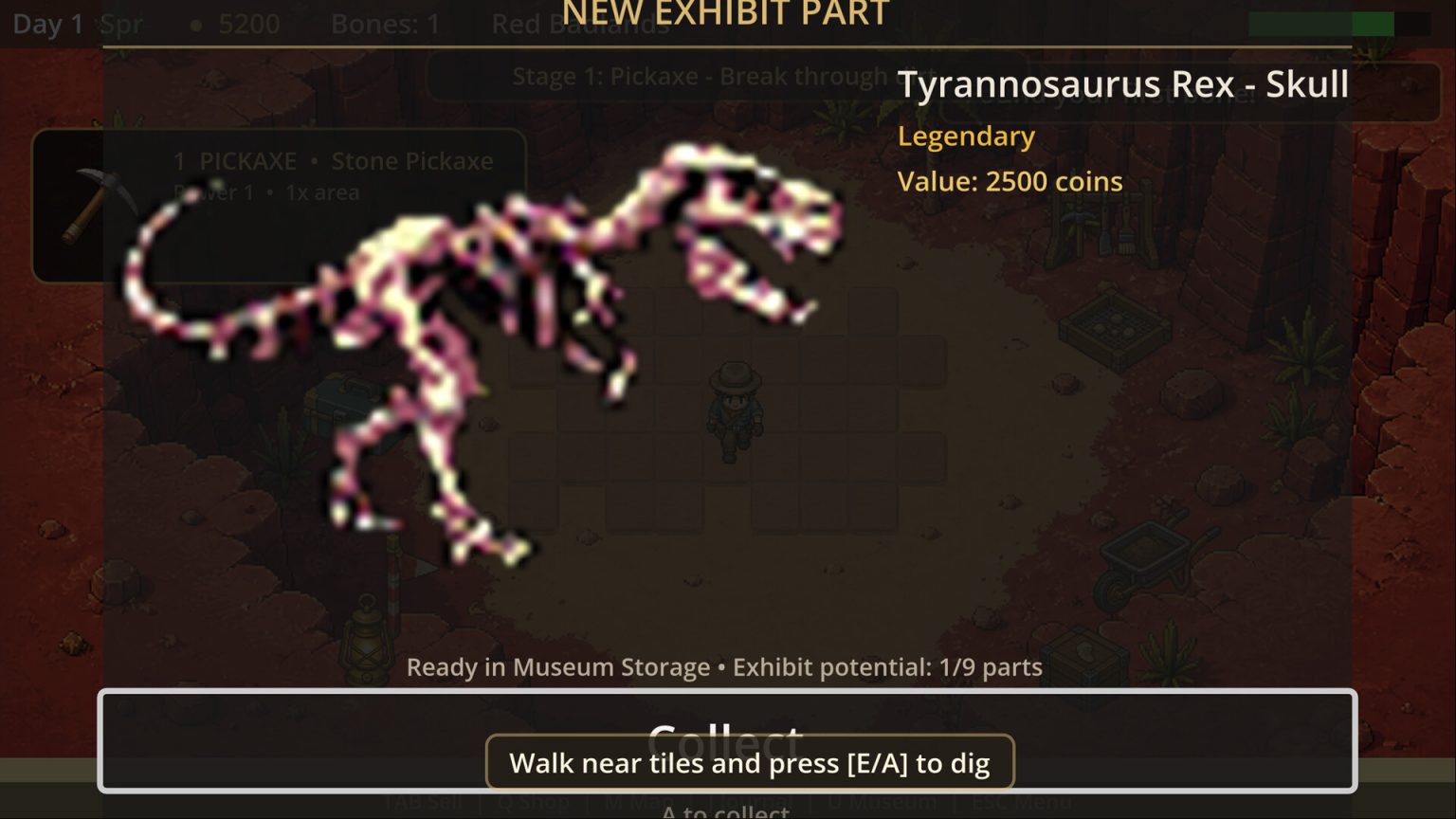 Pixel-art paleontologist excavating a dinosaur fossil