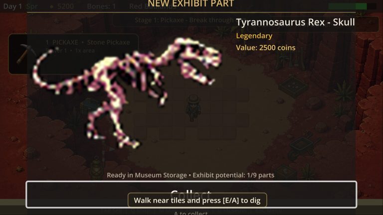 Pixel-art paleontologist excavating a dinosaur fossil