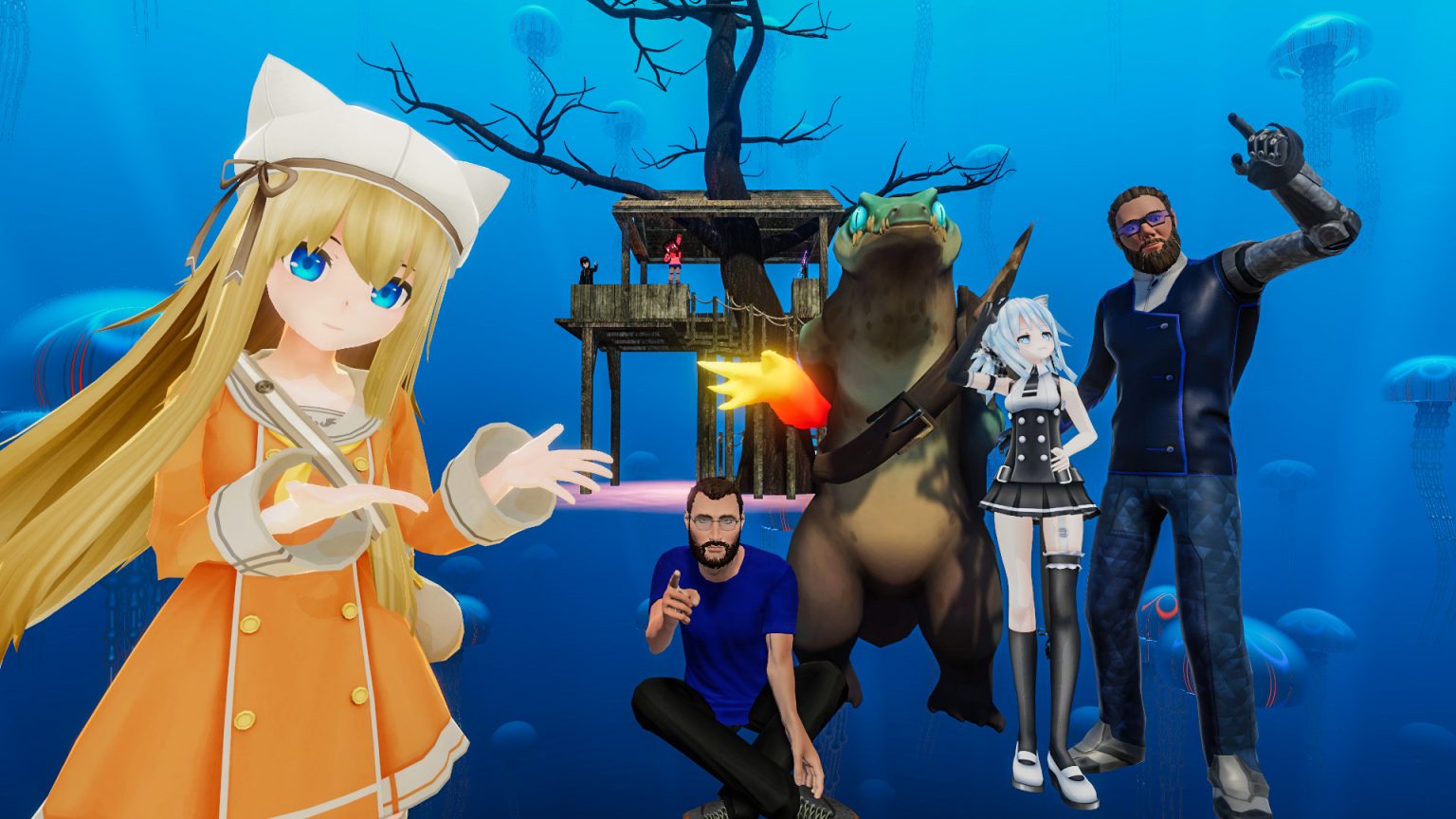 VRChat avatars gathered in a colorful virtual environment