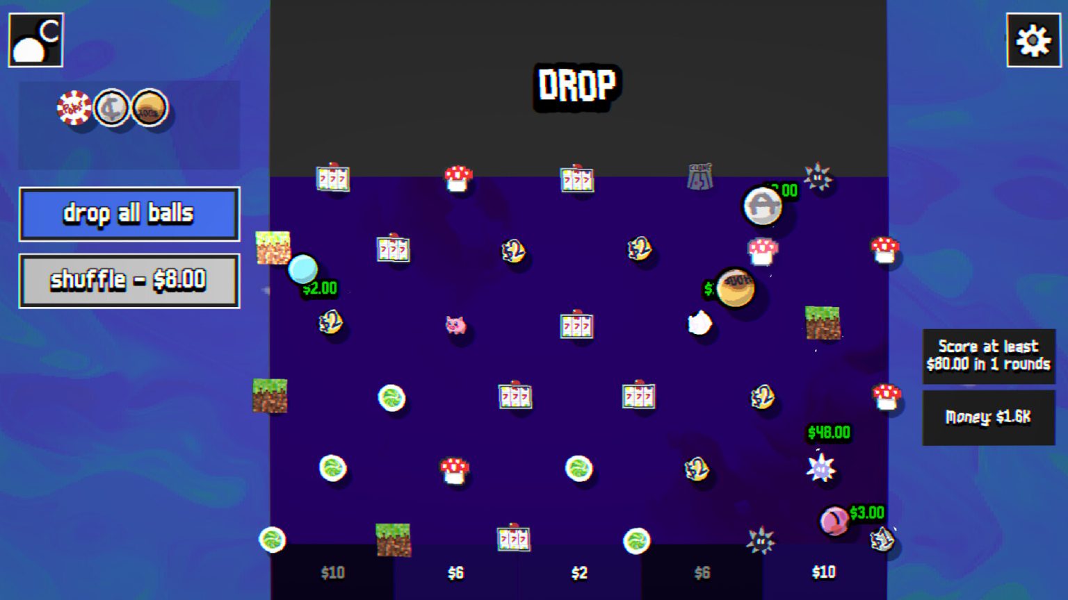 Balls striking upgraded pegs and buckets in Peganomics