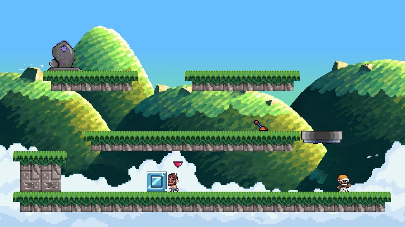 Seleto and Ronister crossing a colorful platforming level
