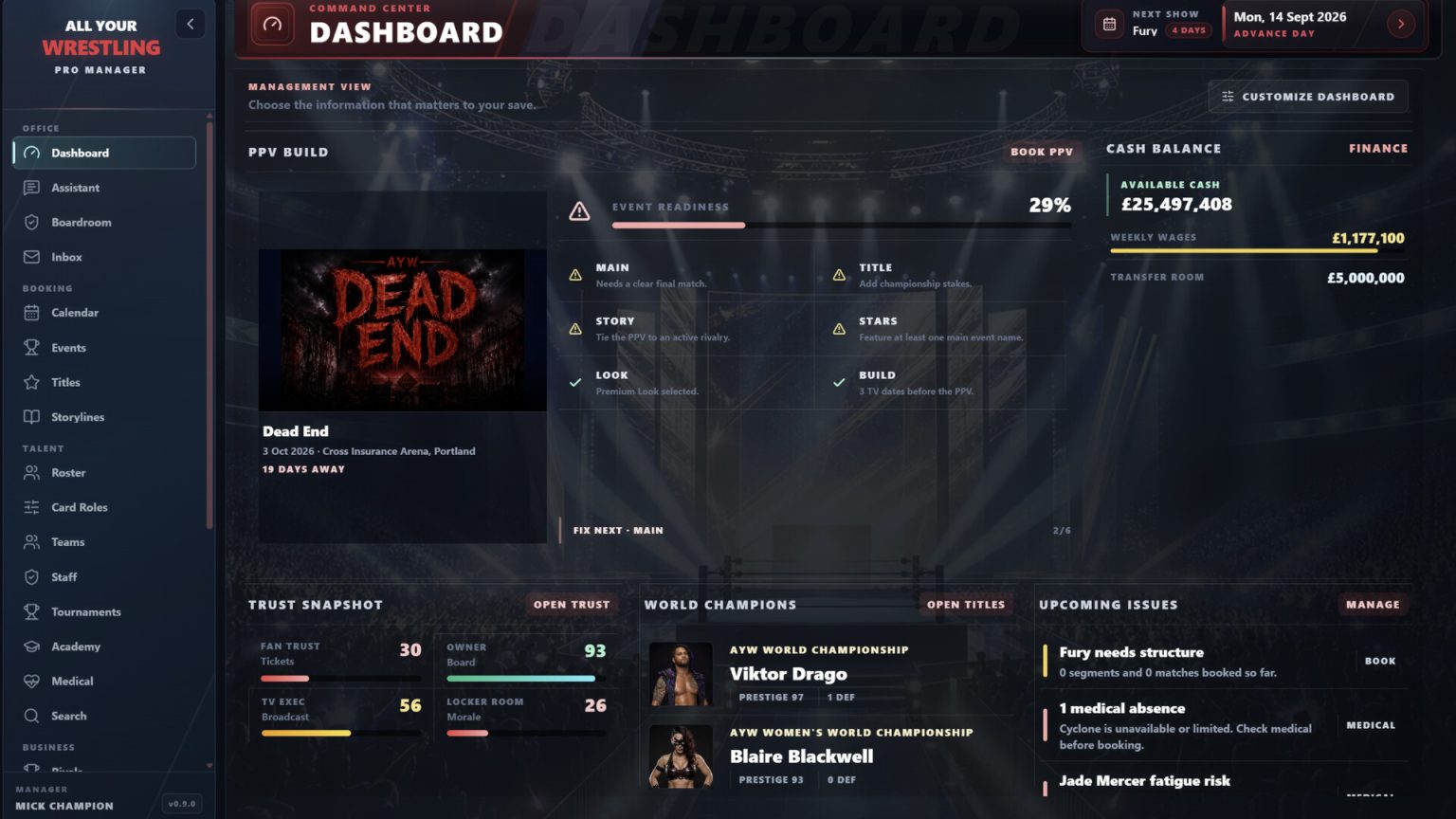 Promotion dashboard with wrestlers and finances in All Your Wrestling Pro Manager