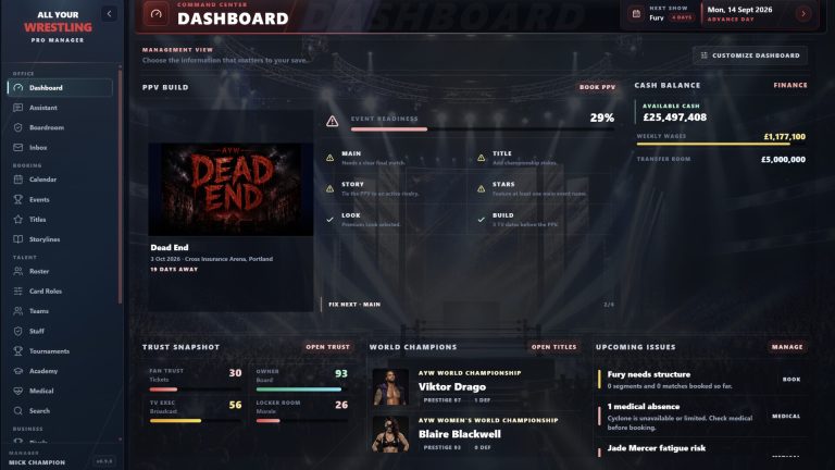 Promotion dashboard with wrestlers and finances in All Your Wrestling Pro Manager