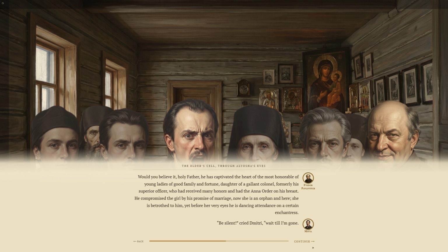 Illustrated Karamazov family scene from the visual novel