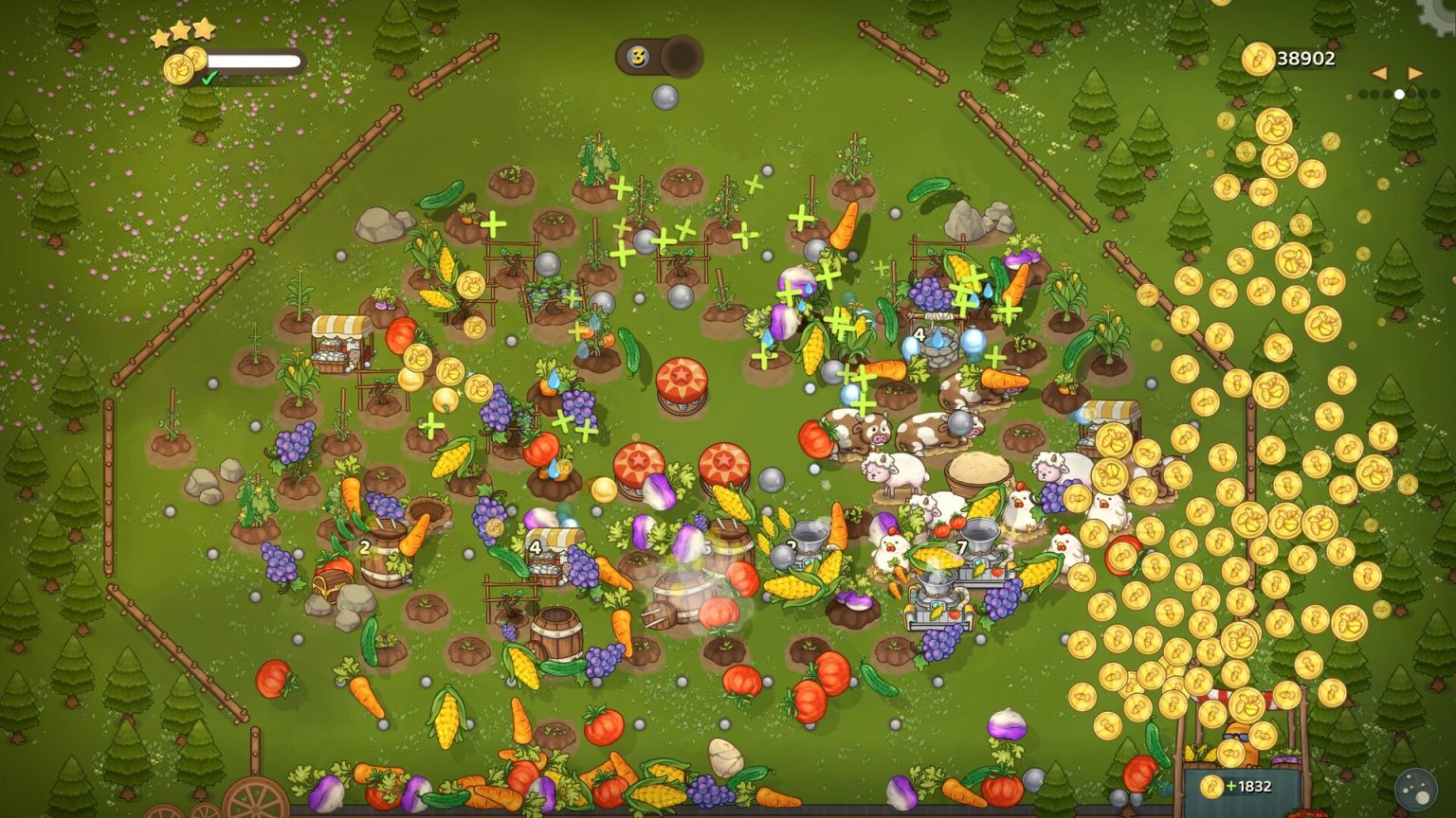 Balls activating crops and structures on the Pachinko Farm board