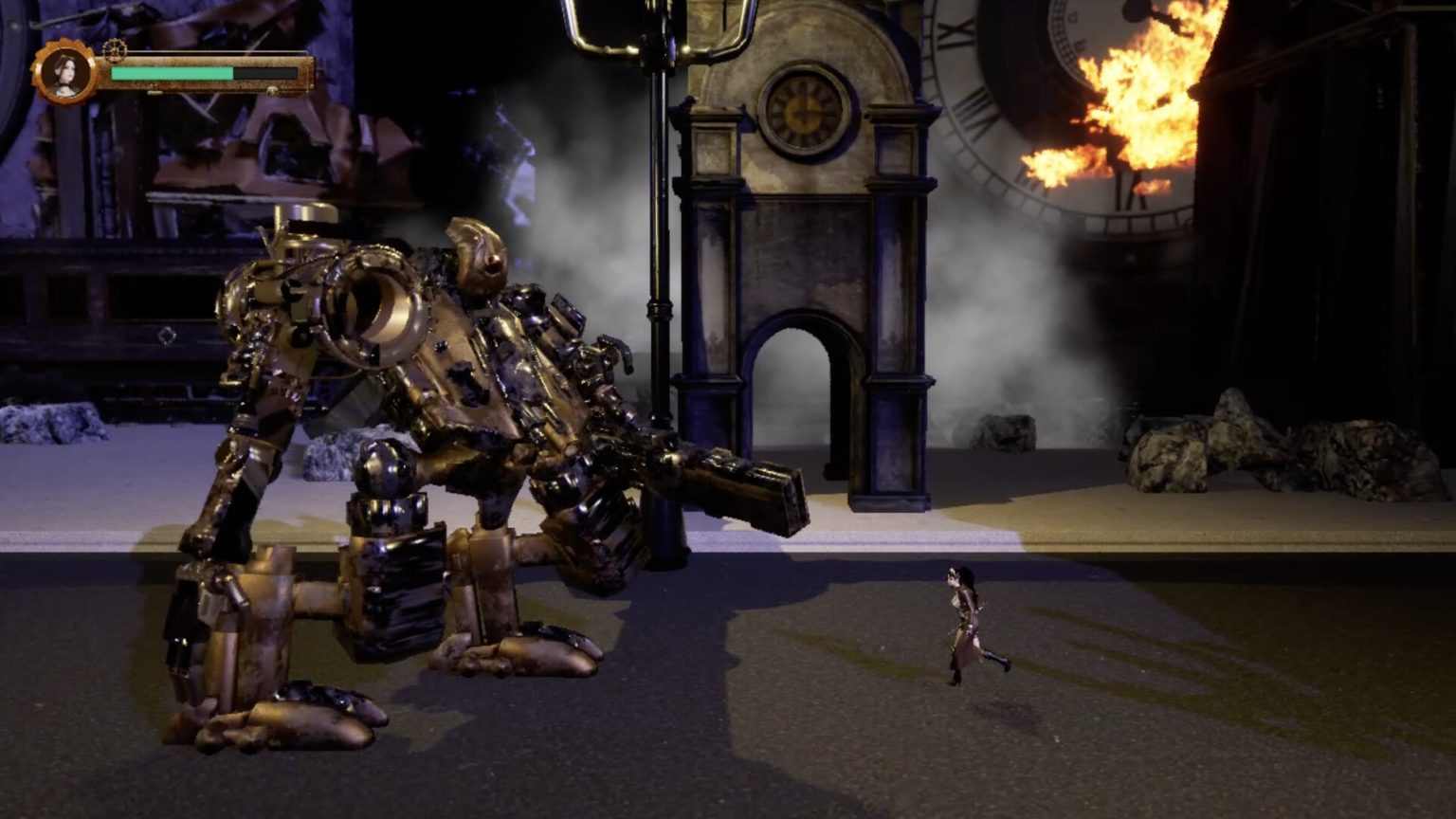 Eva fighting a machine enemy in STEAM TRIGGER