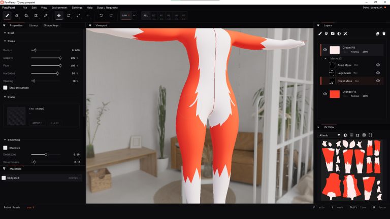 3D avatar texture being edited through layers in PawPaint