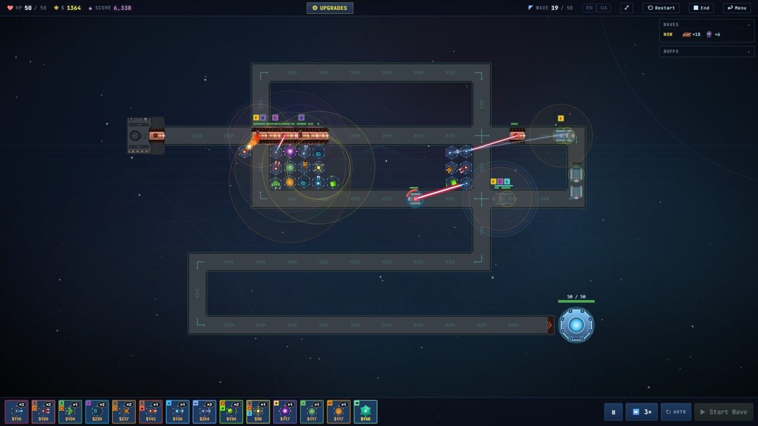 Neon towers defending the line against Breachline enemies