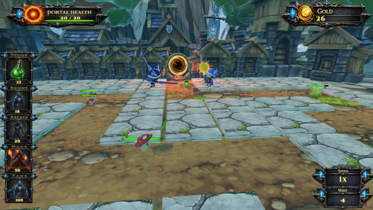 Fantasy units defending a path in The Last Portal