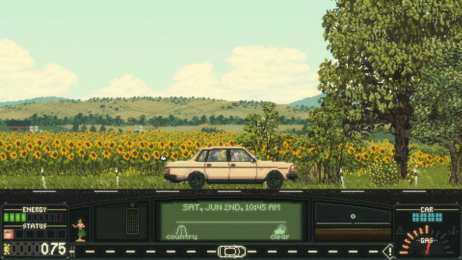 A pixel-art car travelling along a country road in Keep Driving