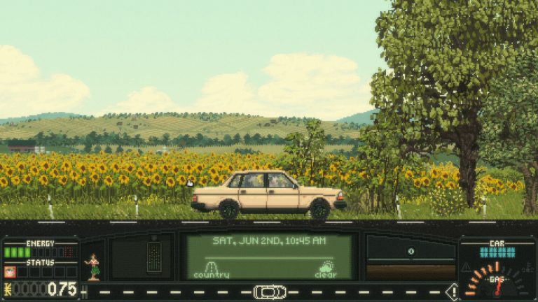 A pixel-art car travelling along a country road in Keep Driving