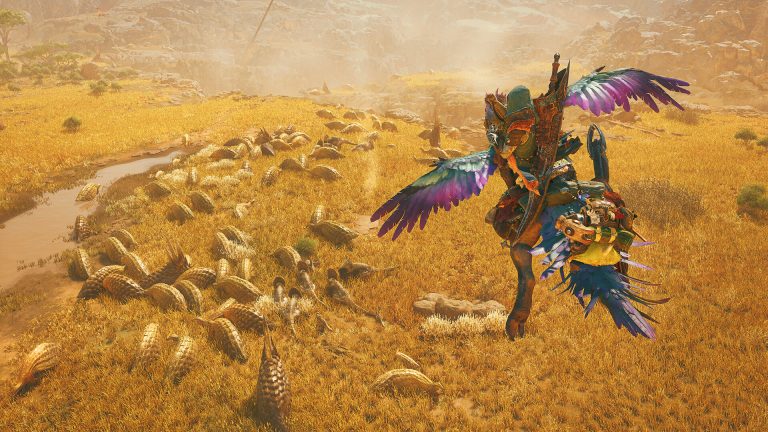 Hunters confront a large monster across a windswept plain in Monster Hunter Wilds