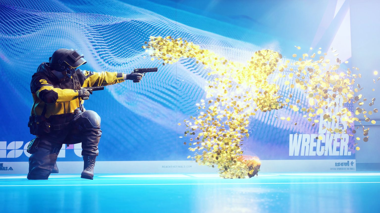 Contestants fighting inside a destructible arena in THE FINALS