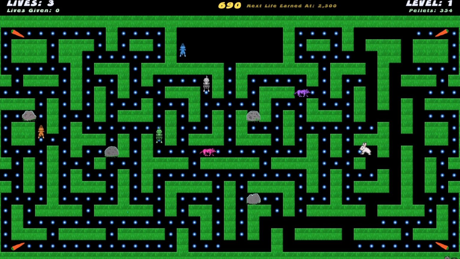 Rabbit navigating a colorful hedge maze in Poggers 2