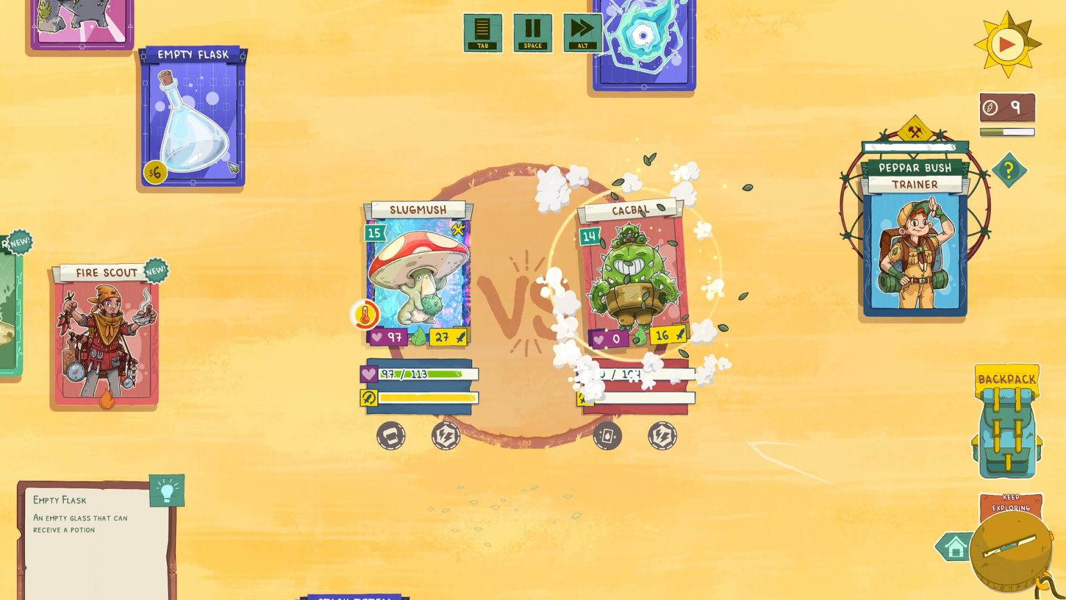 Stackmon cards combined with resources and equipment at camp