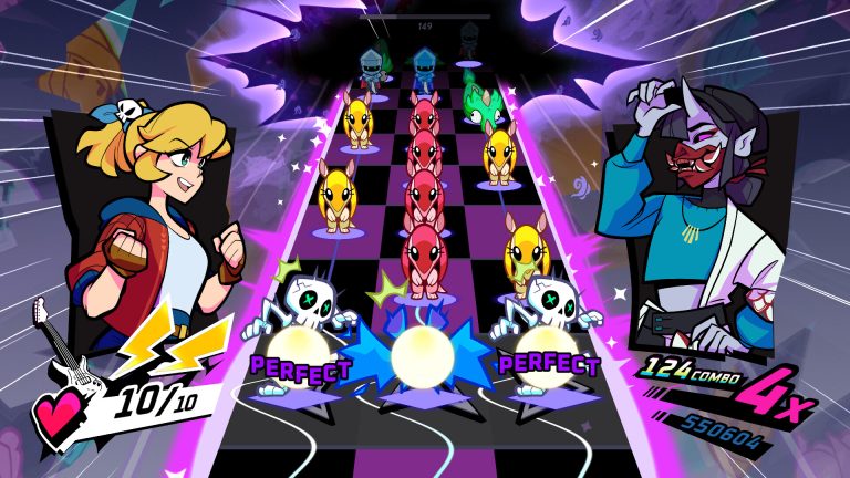 Cadence fighting monsters across lanes in Rift of the NecroDancer